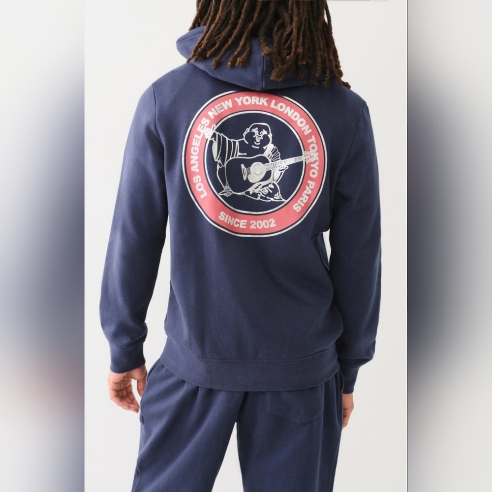 True Religion Men's Full Zip Dress Blue City Buddha Hoodie Size Medium Y2K Logo